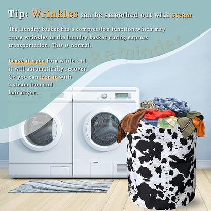 Retro Black White Cows Print Laundry Basket Foldable With Handles CowTote Bag Oxford Cloth Animal Laundry Hamper Clothe Storage Bucket Toy Organizer 18.9"x16.5"For Bathroom/Laundry/Bedroom