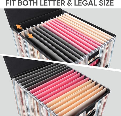 BALEINE File Organizer Box with Lid, Collapsible File Folder Organizer with Plastic Slide, Hanging File Folder Box for Office Document Storage (2 Pack, Color Stripe)