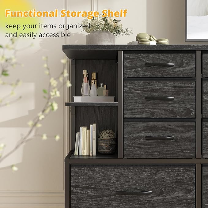 EnHomee Dresser with 12 Drawers & LED Lights, Dresser for Bedroom with 4 Open Storage Shelves, Fabric Dressers & Chests of Drawers, Metal Frame, Wood Top,45.2" H x 35.4" W x 11.8" D, Black