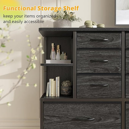 EnHomee Dresser with 12 Drawers & LED Lights, Dresser for Bedroom with 4 Open Storage Shelves, Fabric Dressers & Chests of Drawers, Metal Frame, Wood Top,45.2" H x 35.4" W x 11.8" D, Black