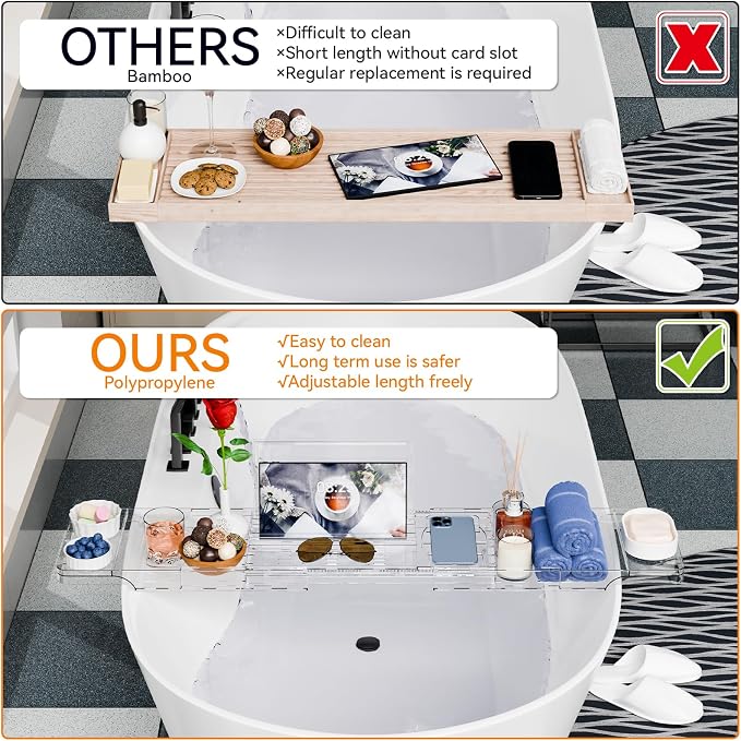 Yieach Luxury Clear Acrylic Bathtub Tray with Book Holder,Expandable Bath Tray for Tub and Bath Shelf Over Tub,Plastic Bath Table & Board,Bath Caddy Trays & Accessories for Women Relaxing Spa Gifts