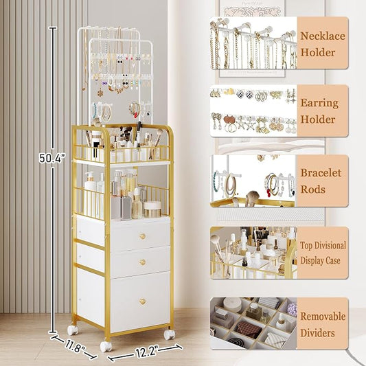 Makeup Organizer Cart with 3 Drawers, Jewelry Organizers and Storage for Earring Necklace, Large Vanity Storage Organizer for Skin Care Perfume Make up Brush Nail Polish Hair Tool (Gold)