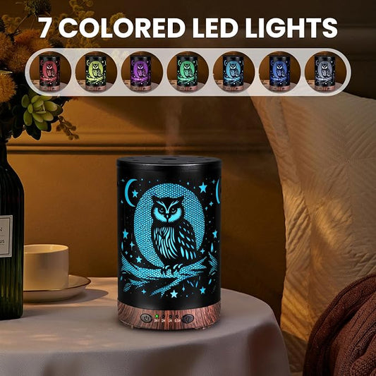 Essential Oil Diffuser 120ML Metal Aromatherapy Diffuser with Timer, Cool Mist Humidifier with Auto Shut-Off & 7 Color Lights for Home Office Spa (Owl)