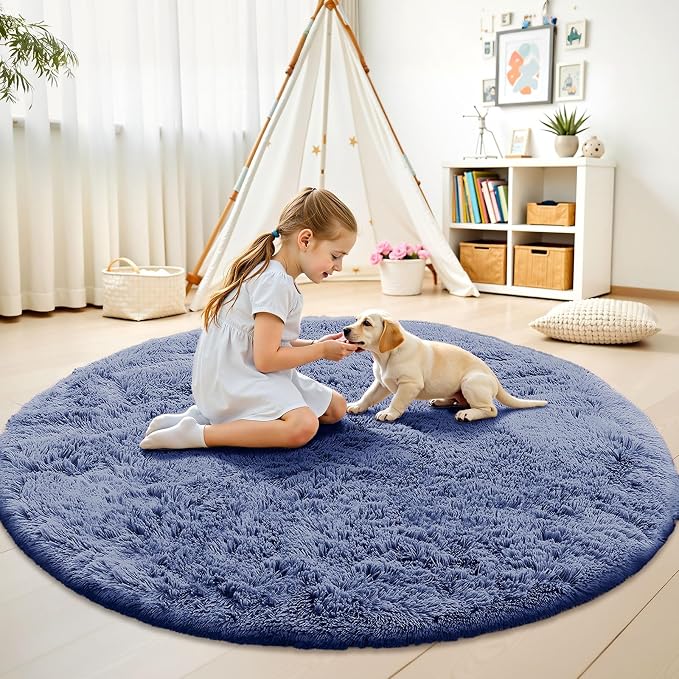 OLANLY Denim Blue Round Rugs for Bedroom - Machine Washable, 6 ft Circle Area Rugs for Living Room, Soft and Fluffy Shaggy Carpet for Teen Girl and Boys, Nursery Rooms, Dorms, Home Decor Aesthetic