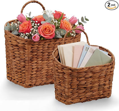 Set of 2 Red Brown Wicker Hanging Baskets for Front Door, Mail, Flowers & Organizing