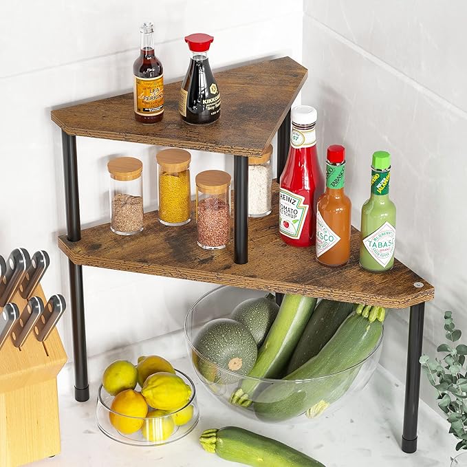 Weenson Kitchen Countertop Organizer Spice Rack for Salt, Bathroom Counter Organizer Over Sink for Toiletries, Makeup, 2-Tier Corner Counter Shelf for Coffee Area Storage Dresser Table(Rust Brown)