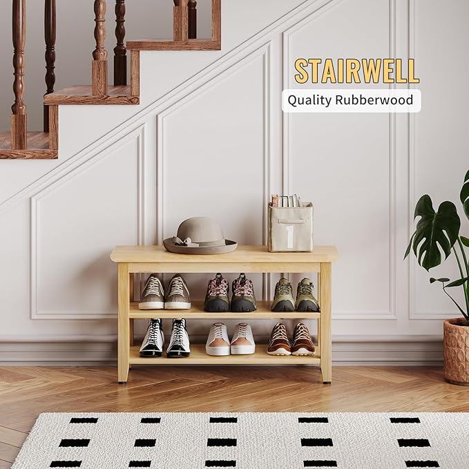 Wood Shoe Bench for Entryway,Bench with Shoe Rack,Storage Shoe Organizer for Hallway,Living Room,Bedroom (Natural, 31.5''W×11.81‘’D×17.71‘’H)
