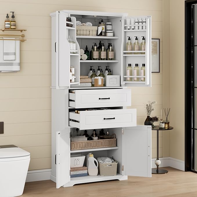 Storage Cabinet,Tall Freestanding Cabinet with Adjustable Shelf | Tall storage cabinet, 4-door design, 5+ shelves, upper door shelves, and 2 pull-out compartments for organized storage