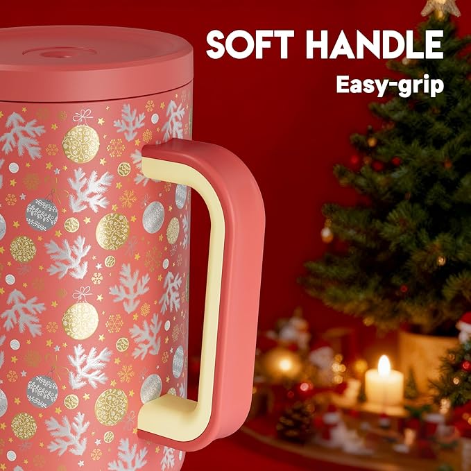 Meoky 40 oz Christmas Tumbler with Handle and Straw, Xmas Tumbler with Lid and Straw, Insulated Stainless Steel Travel Mug, Christmas Gifts for Women Men Adults (Merry Bells)
