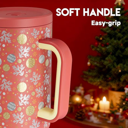 Meoky 40 oz Christmas Tumbler with Handle and Straw, Xmas Tumbler with Lid and Straw, Insulated Stainless Steel Travel Mug, Christmas Gifts for Women Men Adults (Merry Bells)