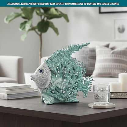 Ocean Decor Coral Reef Angelfish Sculpture Beach Home Decor Coastal Coral Look Tabletop Collection 12 in x 11 in (Seafoam)