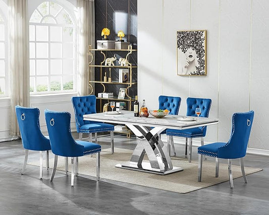 Modern Marble Dining Table Set for 6, Luxury Kitchen Dining Room Table Set for 6, 68" Faux Marble Dinner Table with Velvet Chairs, 7 Piece Dining Table Set for Dinner Party Gathering, Blue & Silver