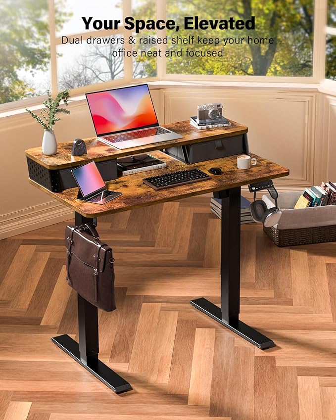 FiCiHi Small Standing Desk with Drawers,C-Clamp Mount Compatible, 40x24 Inch Electric Adjustable Height Computer Stand Up Desks, Home Office Sit Stand Table with 3 Preset Heights, Rustic Brown