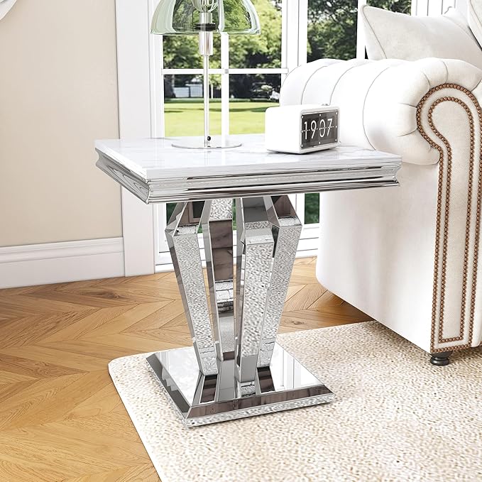 Marble End Table, Modern Square 23” Side Table with Diamond-Shape Stainless Steel Base and Faux Marble Top, Small Sofa Table for Living Room, Bedroom, Lounge (Silver,White)