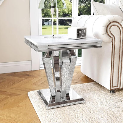 Marble End Table, Modern Square 23” Side Table with Diamond-Shape Stainless Steel Base and Faux Marble Top, Small Sofa Table for Living Room, Bedroom, Lounge (Silver,White)