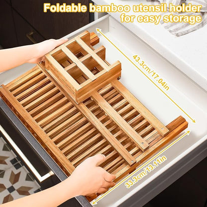 Tefola Bamboo Dish Drying Rack, 2-Tier Foldable Design with Utensil Holder, Kitchen Plate Rack Dish Drainer Rack Dish Racks for Kitchen Counter, 16.5 x 17 inches