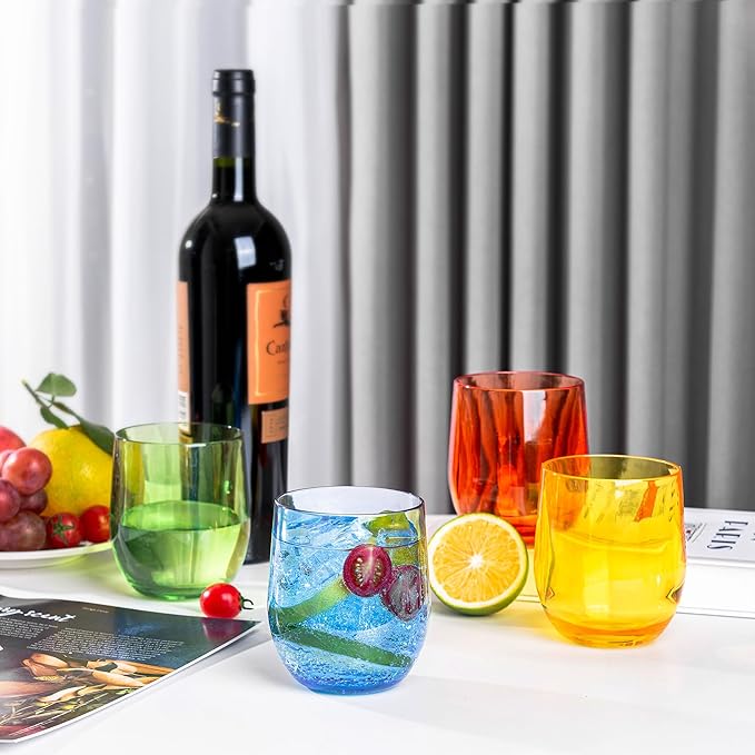 14-ounce Plastic Stemless Wine Glasses, All Purpose Arcylic Glasses, set of 6 Multicolor Reusable Shatter-resistant Dishwasher Safe