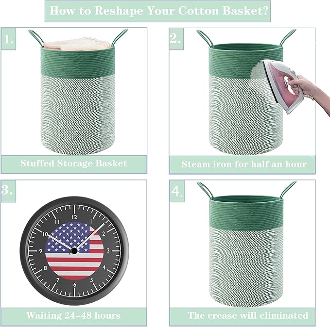 80L Extra Large Green Laundry Hamper Basket, Tall Woven Hamper for Bedroom, Cotton Rope Laundry Basket for Clothes, 16x22 Inches