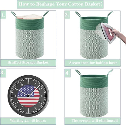80L Extra Large Green Laundry Hamper Basket, Tall Woven Hamper for Bedroom, Cotton Rope Laundry Basket for Clothes, 16x22 Inches