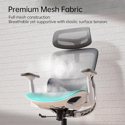 Hbada P2 Ergonomic Office Chair, Office Chair with 3D Lumbar Support, Mesh Chair with 3D 360° Rotation Arms, 3D Headrest & Comfortable Seat, 135° Stepless Tilt Function, White