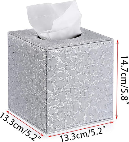 Sumnacon Square Leather Tissue Box Cover - Stylish Cube Tissue Box Holder with Magnetic Bottom, Decorative PU Tissue Box for Vanity Dresser Night Stand Table Countertop Home Office Car, Silver