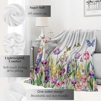 Spring Tulip Flower Blanket Cute Floral Throw Blankets with Colorful Butterfly,Birthday Gifts for Girls Women & Nature Lovers,Lightweight Soft Fleece,for Sofa Couch Bed Room Decor 60x80in