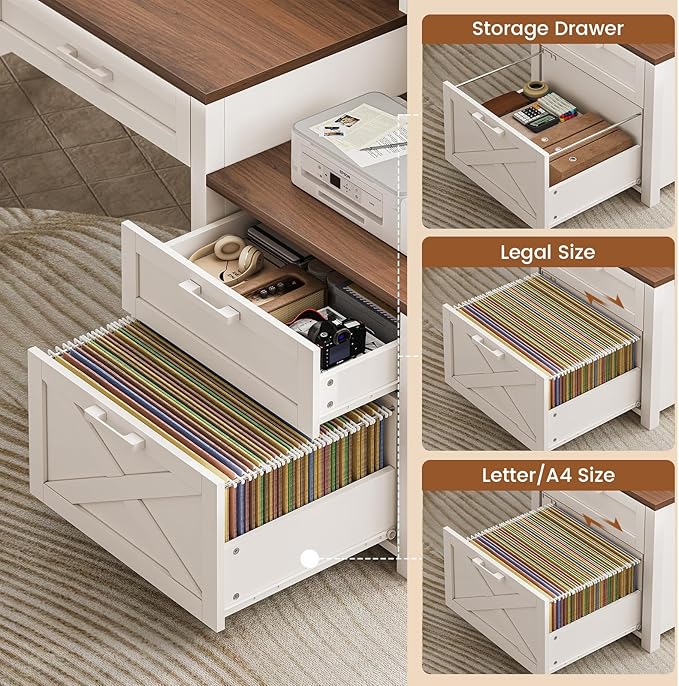 SEDETA Farmhouse Home Office Desk with File Drawer & Power Outlet, Computer Desk with 4 Drawer, Storage Shelves, Printer Cabinet and Monitor Shelf, Gaming Desk with Led Lights, White