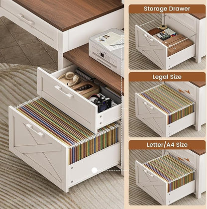SEDETA Farmhouse Home Office Desk with File Drawer & Power Outlet, Computer Desk with 4 Drawer, Storage Shelves, Printer Cabinet and Monitor Shelf, Gaming Desk with Led Lights, White
