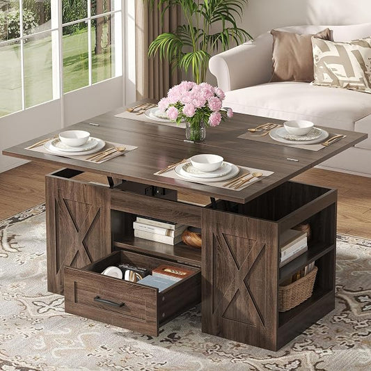 kepptory 39.4'' Lift Top Coffee Table with Storage, 4 in 1 Multi-Function Convertible Coffee Tables for Living Room, Farmhouse Coffee Table with Open Storage Compartment & Drawers (Walnut)