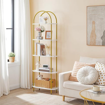 HOOBRO 5 Tier Open Bookshelf, Industrial Arched Bookcase Display Shelf Rack, Wooden Bookcase Storage Shelf Metal Frame, Tall Storage Organizer for Home, Easy Assembly, Gold DM176SJ01