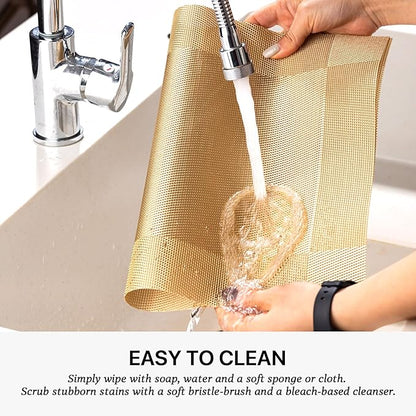 LEXMORE Placemats Set of 8 Vinyl/Plastic Woven Place Mats for Kitchen Table Indoor/Outdoor Washable Placemat Wipeable Dining Table Mats(Gold Cube)
