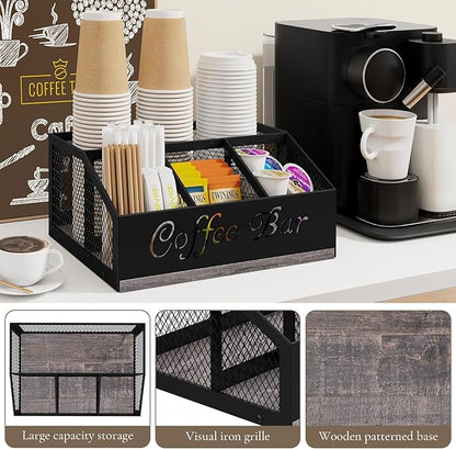 Coffee Bar Organizer for Countertop, Wooden Counter Station Organizer with Metal Mesh Basket, Coffee Bar Accessories Decor for Pods Condiment Syrup Tea Sugar, Gray