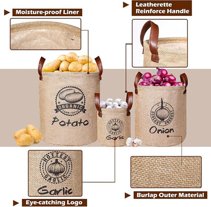 Kamehame Potato and Onion Storage Baskets Pack of 3, Lined Burlap Pantry Storage Bins for Potato Onion Garlic with Handles