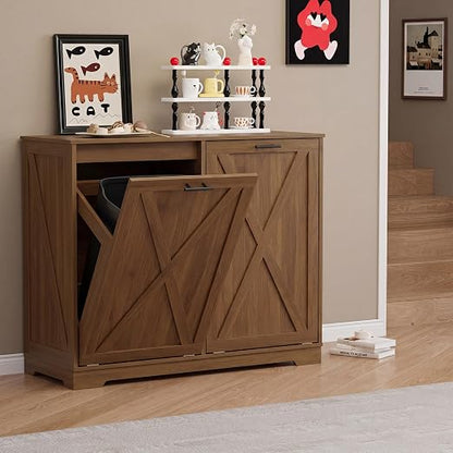 Double Tilt Out Trash Can Cabinet, Wooden Farmhouse Kitchen Garbage Bin Enclosure with Negative Ion Odor Control, Hidden Dog Proof Trash or Laundry Basket Storage for Laundry Room, Walnut
