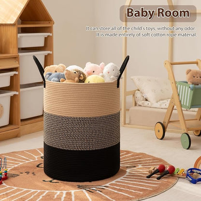 OIAHOMY Large Laundry Basket Hamper - 100L Cotton Rope Woven Basket for Blankets, Toys, Clothes - Tall Decorative Nursery Hamper with Long Handles, Yellow/Black