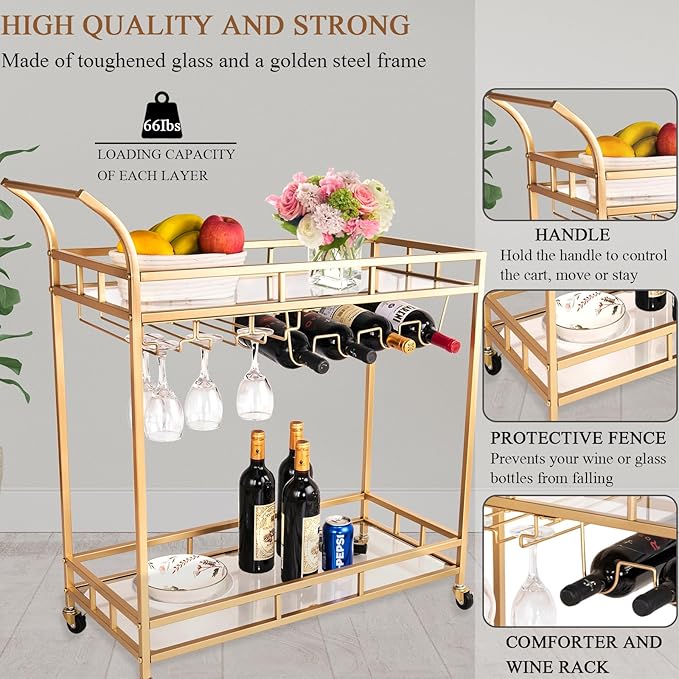 KAKO Gold Bar Cart, Gold Bar Cart with Wheels, Home Bar & Serving Carts with 2 Mirrored Shelves, Bar Carts for The Home, Kitchen, Dining Room, Dining Party