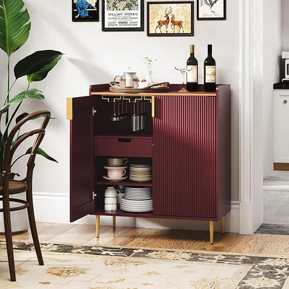 ARTPOWER Coffee Bar Cabinet with Wine Racks, Red Liquor Cabinet with Fluted Texture, Modern Sideboard Buffet Cabinet for Kitchen Dining Room, Living Room