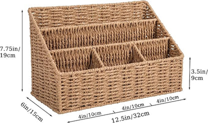 DINGTAI Rattan Desk Organizer, Tabletop Mail Holder, 5 Slot Mail Organizer Countertop Basket, Rattan Office Supplies, Boho Office Desk Accessories, Wicker Desk Organizer, Magazine Holder（Wicker）