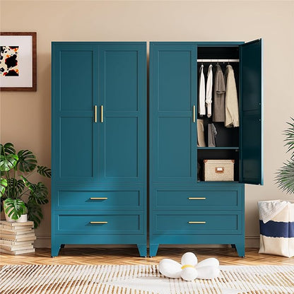 COFaR Armoire Wardrobe Closet with 2 Drawers, 71" Metal Storage Cabinet with Hanging Rod, Freestanding 2-Door Closet with Adjustable Shelf (Peacock Blue)