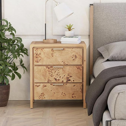 COZAYH Burl Finish 3 Drawer Nightstand, Wood Rustic Farmhouse Dresser, Vintage Accent Storage Bedside Table for Bedroom Entryway, Fully Assembled, Natural