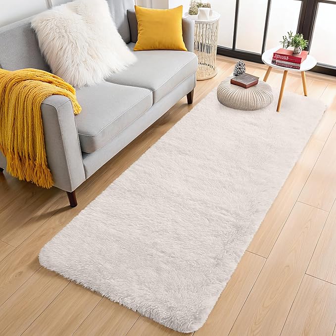 OLANLY 3x12 Machine Washable Runner Rugs for Hallway, Soft Fluffy Shaggy Bedside Rugs for Bedroom, Living Room, Indoor Floor Carpet for Kids Girls and Boys, Nursery Rooms, Home Decor Aesthetic, Ivory