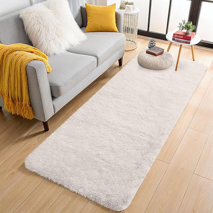 OLANLY 2x12 Machine Washable Runner Rugs for Hallway, Soft Fluffy Shaggy Bedside Rugs for Bedroom, Living Room, Indoor Floor Carpet for Kids Girls and Boys, Nursery Rooms, Home Decor Aesthetic, Ivory