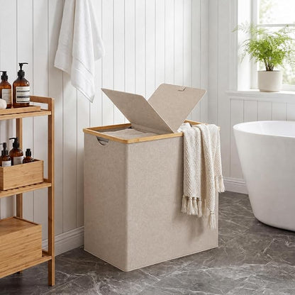 efluky Laundry Hamper with Lid, Double Laundry Basket with 2 Removable Bags, 2 Section Laundry Bin with Bamboo Handles for Bathroom, Bedroom & Laundry Room, 140L (36.9 Gallon) Oat