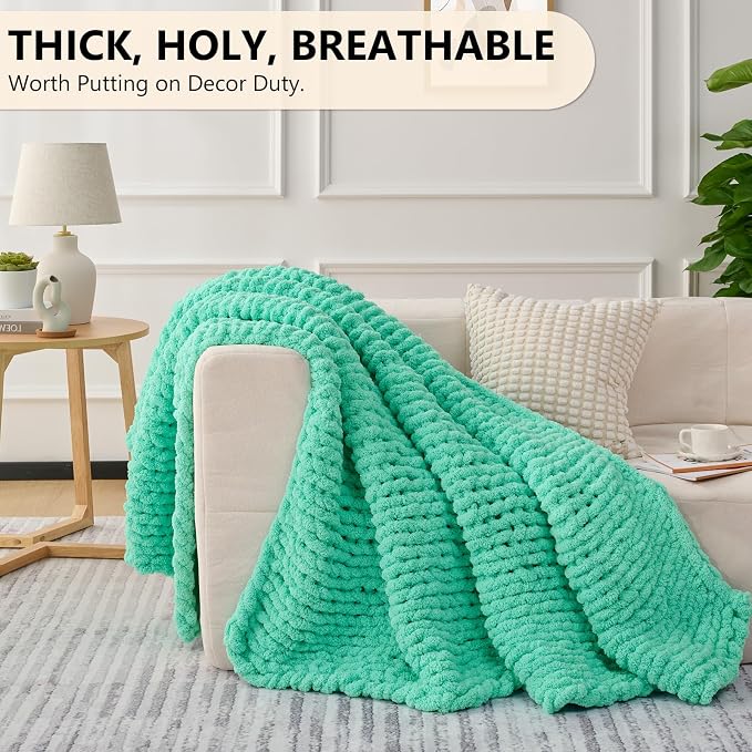 L'AGRATY Chunky Knit Blanket Throw: 50''x60'' Chenille Chunky Knitted Throw Blankets for Bed Couch - Handmade Thick Big Cable Knit Blanket - Large Crochet Rope Blankets for Home Decor(Aqua)
