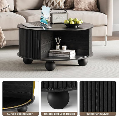SULIVES Round Coffee Table with Storage, Unique Circle Coffee Table with Sliding Door,Fluted Accent Center Table with Bun Feet for Living Room, Black