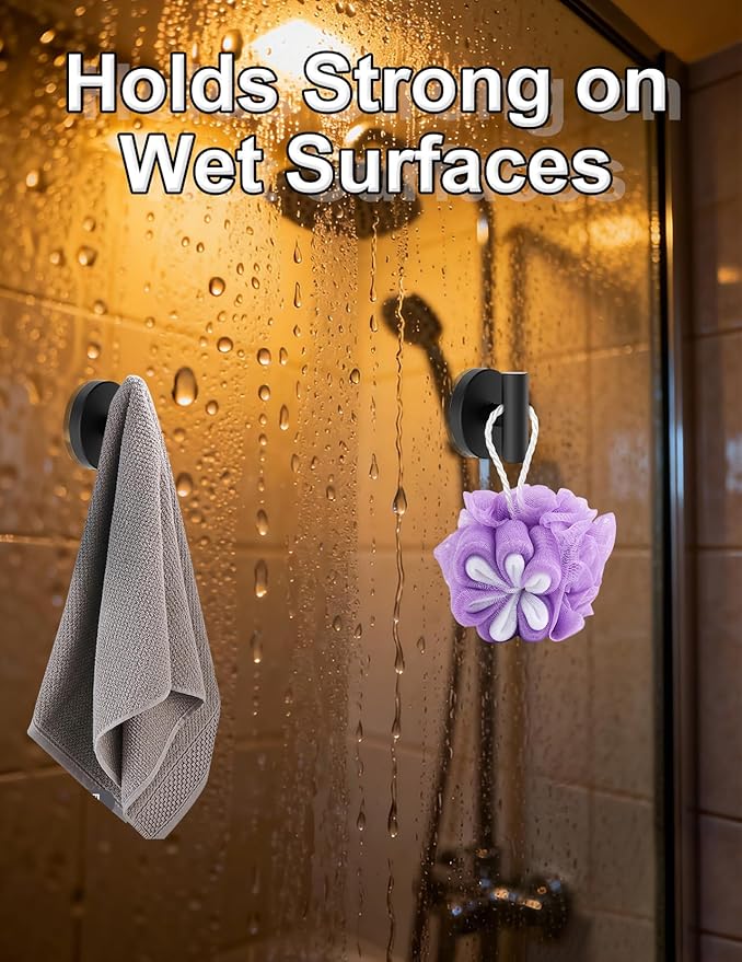 4-Pack Suction Cup Hooks, Heavy Duty 11lb Capacity Shower Hooks for Towels, No-Drill Mounting on Bathroom Glass Mirror Tiles & Smooth Non-Porous Surfaces (Black)