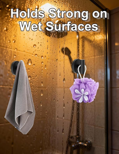 4-Pack Suction Cup Hooks, Heavy Duty 11lb Capacity Shower Hooks for Towels, No-Drill Mounting on Bathroom Glass Mirror Tiles & Smooth Non-Porous Surfaces (Black)