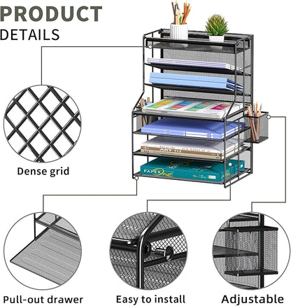 7 Tier Desk File Organizer,Metal Document Holder with Adjustable Shelves, Pull-Out Drawer & Removable Pen Holder for Office Organization,Black