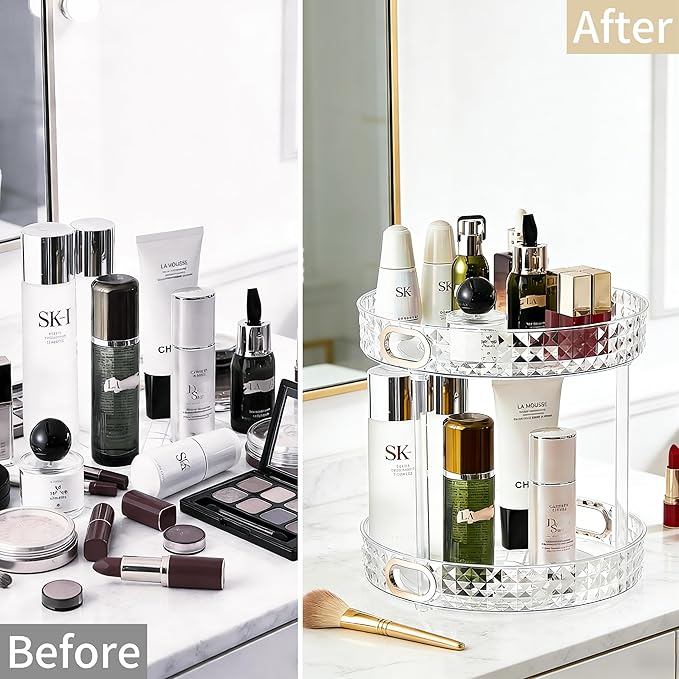 360 Rotating Makeup Organizer for Vanity, 2 Tier Diamond Pattern Perfume Organizer for Women, Large Capacity Skincare Lotion Cosmetic Organizer, Bathroom Countertop Makeup Holder, Clear