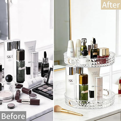 360 Rotating Makeup Organizer for Vanity, 2 Tier Diamond Pattern Perfume Organizer for Women, Large Capacity Skincare Lotion Cosmetic Organizer, Bathroom Countertop Makeup Holder, Clear